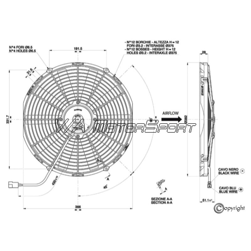 Ventilateur radiateur d'eau H.P. (soufflant, 382mm, 1620m³/h) - V/A  MotorSport